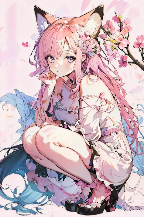 anime girl with pink hair and cat ears sitting on a flowered branch, anime visual of a cute girl, clean detailed anime art, beau...