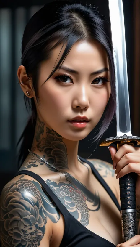 realistic, 1girl, closeup portrait, beautiful japanese girl, yakuza tattoo on body, she hold katana sword near face. shining metal, grey details on metal, reflection from metal