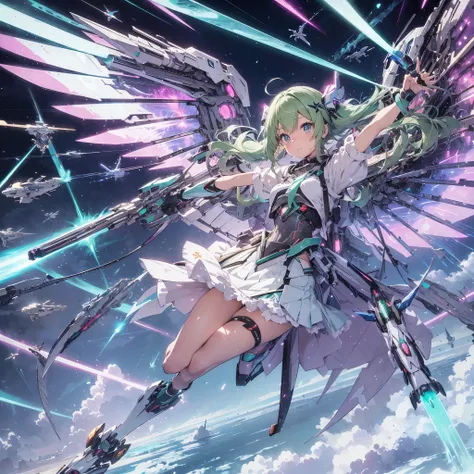 Anime style illustration of a girl with pastel green hair in aerial beam sword action. Made by FuturEvoLab, (X-ray style: 1.5), Detailed explanation, (Mecha flare type skirt: 1.5), This is a scene where a girl captures her movements. Aerial battles and per...