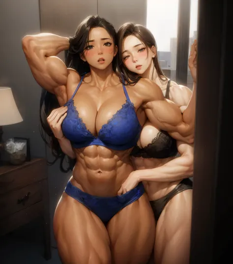 ,2girls,beautiful face, muscular female, alternate muscle size,camisole,blush,muscular ,torn clothes,muscular ,biceps,