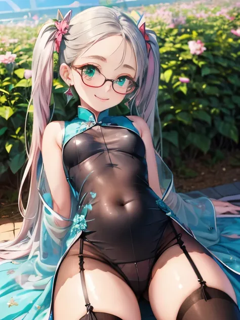 小さなgirl、Small breasts、The arrival of spring、Thick thighs、 (alone:1.5,)Very detailed,Bright colors, Very beautiful detailed anime faces and eyes, Look straight ahead, ;d, Shiny_skin,girl, ((Silver long hair,The inner color is red 、Forehead is exposed.、Green...