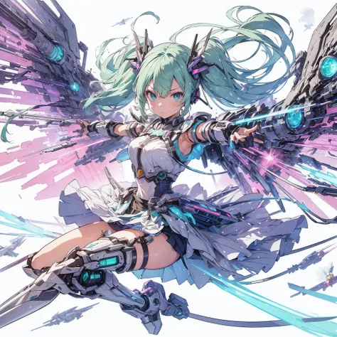 Anime style illustration of a girl with pastel green hair in aerial beam sword action. Made by FuturEvoLab, (X-ray style: 1.5), Detailed explanation, (Mecha flare type skirt: 1.5), This is a scene where a girl captures her movements. Aerial battles and per...