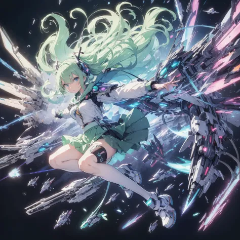 Anime style illustration of a girl with pastel green hair in aerial beam sword action. Made by FuturEvoLab, (X-ray style: 1.5), Detailed explanation, (Mecha flare type skirt: 1.5), This is a scene where a girl captures her movements. Aerial battles and per...