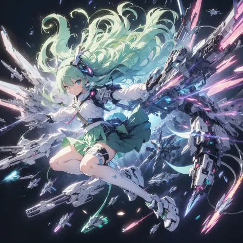 Anime style illustration of a girl with pastel green hair in aerial beam sword action. Made by FuturEvoLab, (X-ray style: 1.5), Detailed explanation, (Mecha flare type skirt: 1.5), This is a scene where a girl captures her movements. Aerial battles and per...