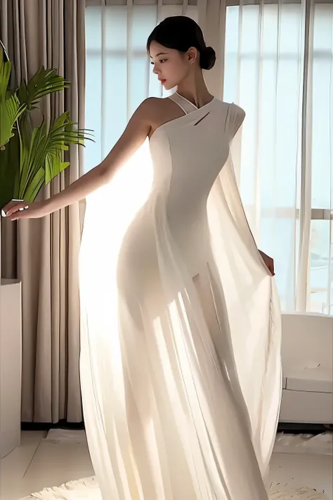 (masterpiece, best quality:1.2), 1girl, solo, delicate face, white-skinned female, see-through silhouette, white dress, full body, indoor