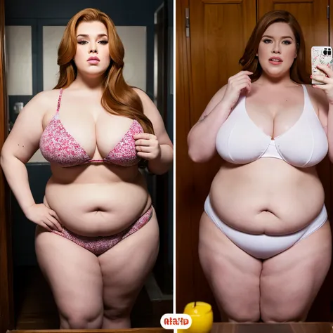 Two photos of a womans diet before and after, a womans diet before is a woman with a huge belly who appeared on the TV show "My 600-lb Life" who is as fat as Tess Holliday, a top SSBBW model, a beautiful blonde with a beautiful face who appeared on the TV ...