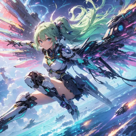 Anime style illustration of a girl with pastel green hair in aerial beam sword action. Made by FuturEvoLab, (X-ray style: 1.5), Detailed explanation, (Mecha flare type skirt: 1.5), This is a scene where a girl captures her movements. Aerial battles and per...