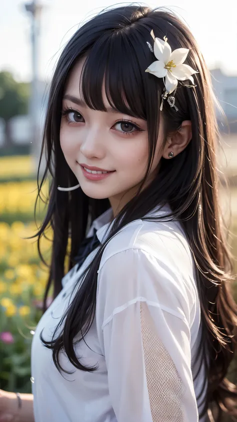 Realistic, masterpiece, highest quality, Highest Resolution, one Japanese high school girl, 16 years old, Upper body photo, She narrows her eyes and looks at me with a shy smile and a smile, Laughing with mouth open, Beautiful and detailed eye drawing, (dr...