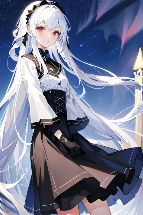 ((masterpiece:1.2, best quality)), 1 girl, Solitary, White hair, Long hair, skirt, aurora, night, Star (Sky), Gloves, Sky, black skirt, night days，red eyes
