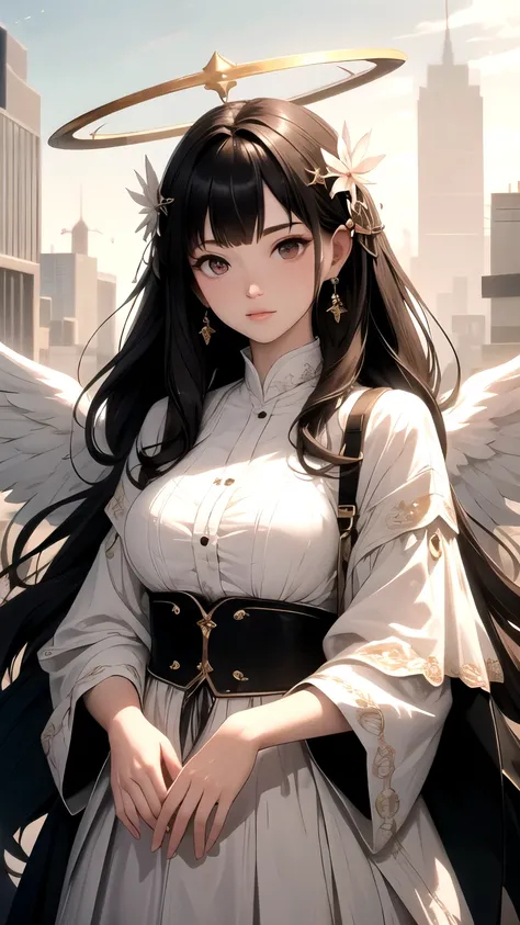 Beautiful angel in white dress, art station chengwei, halo, white feathers  