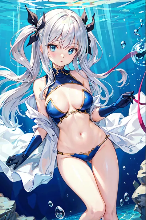 (highest quality)、((Super detailed))、(Ultra delicate)、Sexy and cute diver、、Silver Hair、Beautiful breasts、Beautiful thighs、Gorgeous、Fantastic Light、In the water、Bubble