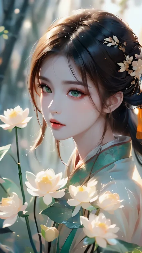 Ancient young male ((male characteristics)) Highest picture quality， beautiful eyes， luminous eyes， exquisite features， express lips， expression， gentle eyes (Chinese painting illustration) (((Clear))) (((artistic conception)) Watercolor long hair tie deta...