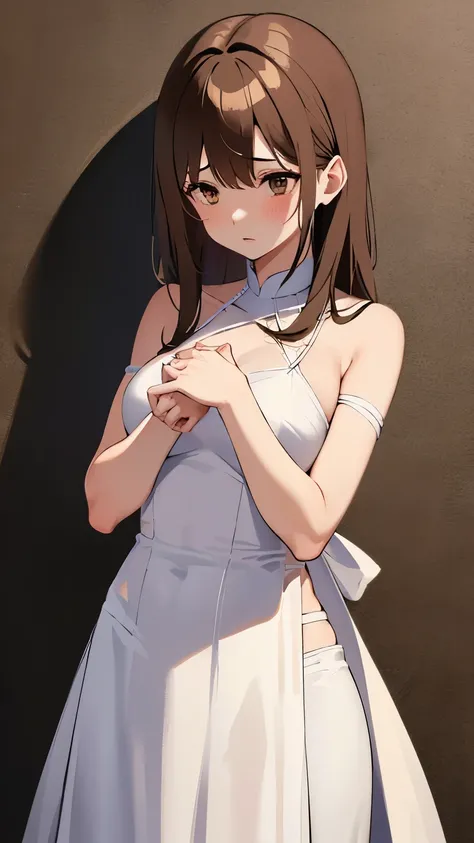 1girl, gathered alone, hands behind, hair, blushing, white long dress, bdsm, rope, bondage, bondage, restraint, shibari, shibari on long dress, wrist tied, ankle tied, tied hands, wrists tied, chest and groin tied, white skin, brown hair, brown eyes