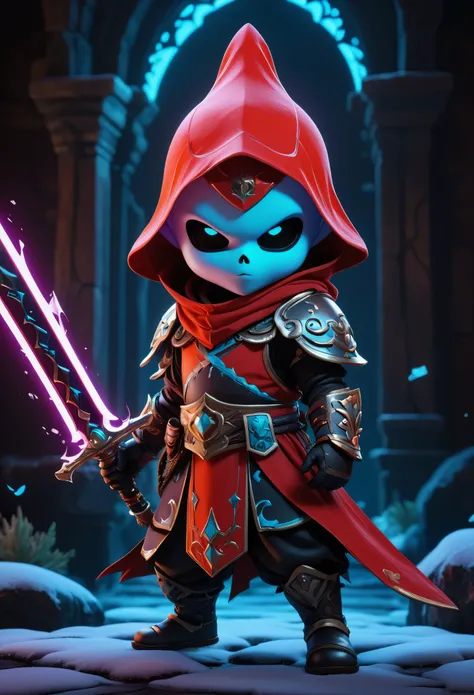 Ghost Swordsman,Dream colors,Best quality,UHD,HDR,high resolution,unreal engine 5,ultra-detailed,hyper realistic,depth of field,symmetrical composition,full body,low saturation,3D rendering,red and black tone,Skottie Young,Blacklight,Ice kingdom