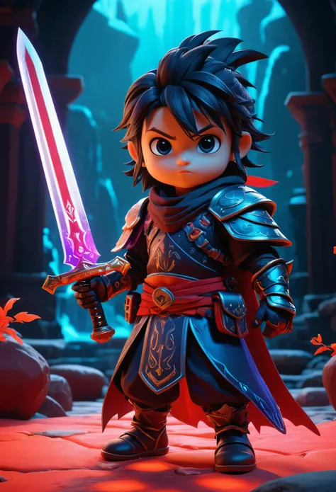 Ghost Swordsman,Dream colors,Best quality,UHD,HDR,high resolution,unreal engine 5,ultra-detailed,hyper realistic,depth of field,symmetrical composition,full body,low saturation,3D rendering,red and black tone,Skottie Young,Blacklight,Ice kingdom