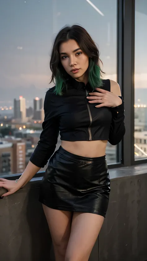 1girls, Nur, green Hair , 24 years old ,  ((Midnight, Best quality, 8k, Masterpiece: 1.3)), Full body, Long legs, sharp focus: 1.2, Beautiful woman with perfect body: 1.4, Slim abs: 1.1, ( Tight black shirt, Jean apron, Standing: 1.2), wearing a tiny leath...