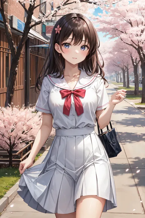 masterpiece, highest quality, High resolution, Very detailed, Detailed Background, Cinema Lighting, One girl, cute, Medium chest, , Skirt Lift, Public indecency, View your viewers, building, Outdoor, cherry blossoms, Bokeh,