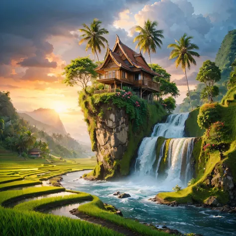 Create a hyperrealistic depiction of the beautiful and enchanting views of Sumatra, winding roads rising up next to colorful houses, small cliffs, coconut trees, rice fields