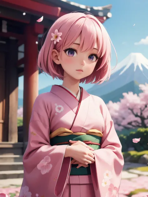 masterpiece, high quality, Very detailed, woman, short hair, hairpin, kimono, spring flowers, windy, Open Shrine, Pink petals, Fuji Mountain, Depth of Field, Blurred background