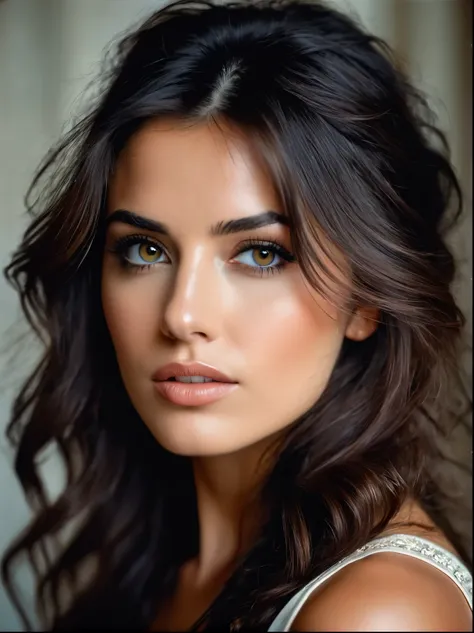 Un portrait étonnant d&#39;une belle femme brune en robe sombre, dark brown eyes, dark hair, cheveux raides, queue de cheval, superbe trait du visage, yeux parfaits, ultra realistic eyes, visage parfait, corps parfait, cinematic, color analog film pchaudo ...