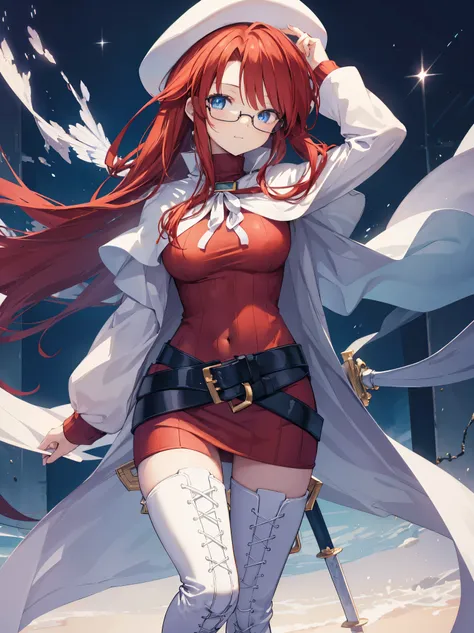 summonnightaty, aty, long hair, blue eyes, red hair, beret, hat, glasses,
BREAK long hair, thighhighs, hat, dress, boots, glasses, belt, cape, sweater, zettai ryouiki, beret, thigh boots, white footwear, ribbed sweater, loose belt,solo,
BREAK outdoors, fan...