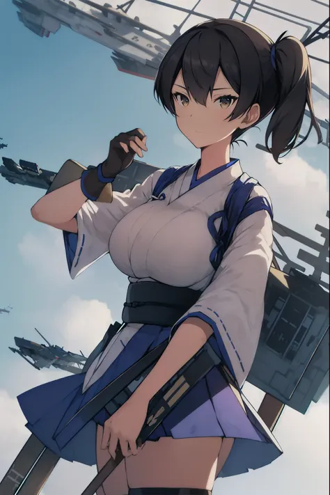 kaga(fleet collection),highest quality, masterpiece, high resolution,kimono,blue skirt,side ponytail,big_breasts,