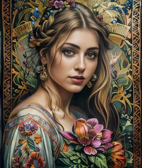 masterpiece, upper body portrait, girl, tattoos, flowers, middle ages, traditional clothing, classicism, andrey atroshenko style...