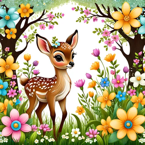 cartoon style cute fawn with whimsical spring flowers, intricate details, whimsical, magical, best quality, masterpiece