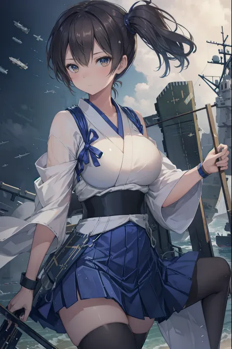 kaga(fleet collection),highest quality, masterpiece, high resolution,kimono,blue skirt,side ponytail,big_breasts,