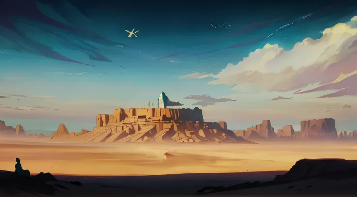 painting of a desert with a mountain and birds flying in the sky, inspired por raphael lacoste, wlop and rhads, arte conceitual ...