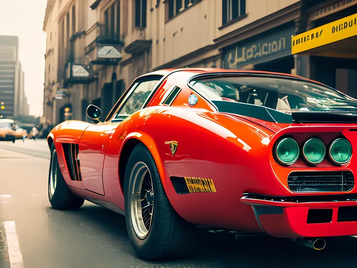 "Fking_scifi_v2, Cyberpunk theme, photo of a ferrari 280 gto, red, red ferrari,with emerald armor and intricate orange details. High detail and sharp focus with a dramatic feel."