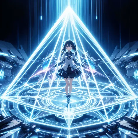 An anime-style illustration of a girl surrounded by a giant triangular pyramid-shaped beam shield. The beam shield is radiated by a beam generator from each corner. Made by FuturEvoLab, (X-ray style: 1.5), Detailed explanation, (Mecha flare type skirt: 1.5...