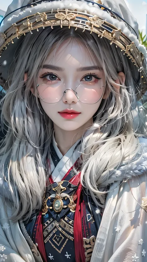 photorealistic, high resolution, soft light,mature women, solo, hips up, shining skin, (detailed face),tattoo, jewelry, winter hanfu, cloak, snow, night, white wavy hair, Beautiful Soldier, Eyes That Invite Viewer, Lovers Perspective, Inviting Expression, ...