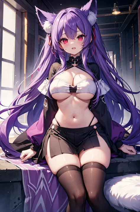 Fox Girl, Large Breasts, Voluminous purple hair, masterpiece , Red eyes, hd, Thick thighs, Head to Chest, buried in my chest、Underboob、Double teeth、tooth、Knee socks