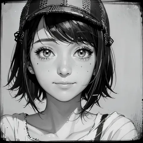 A close-up portrait of a winking girl with a black bob and bangs, manga style, black and white drawing