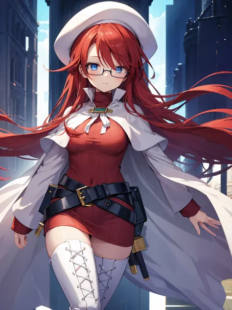 summonnightaty, aty, long hair, blue eyes, red hair, beret, hat, glasses,
BREAK long hair, thighhighs, hat, dress, boots, glasses, belt, cape, sweater, zettai ryouiki, beret, thigh boots, white footwear, ribbed sweater, loose belt,solo,
BREAK outdoors, fan...