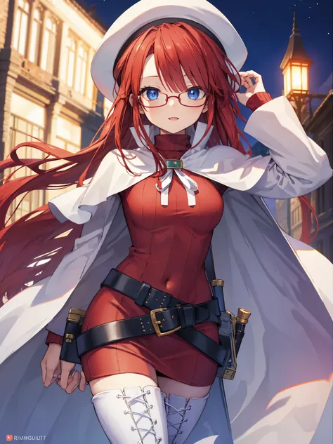 summonnightaty, aty, long hair, blue eyes, red hair, beret, hat, glasses,
BREAK long hair, thighhighs, hat, dress, boots, glasses, belt, cape, sweater, zettai ryouiki, beret, thigh boots, white footwear, ribbed sweater, loose belt,solo,
BREAK outdoors, fan...