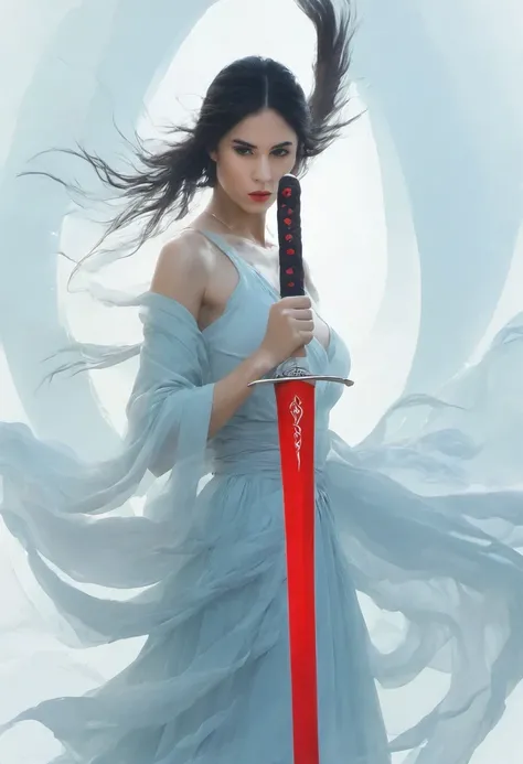 Girl with a sword，Simple lines，Minimalism，Abstract Art，Holding a red long sword，