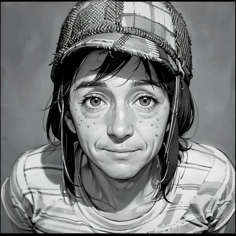 a close-up portrait of el chavo del ocho, manga style, black and white drawing