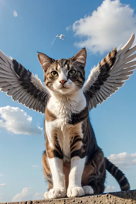 create an image of a cat with angel wings in the sky