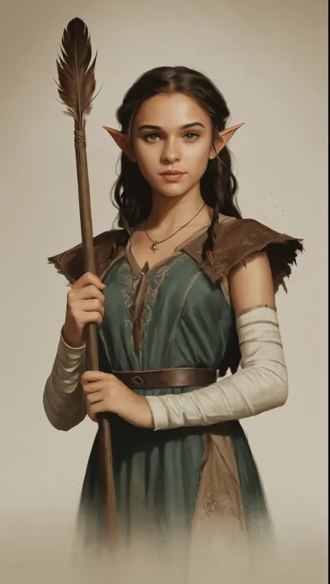 An illustrated movie poster, hand-drawn, full color, a young elven girl, wearing a tattered servants tunic, warm brown complexion, pointy elf ears, amber eyes, dark hair, long loose waves, waist-length hair, holding a feather duster, hard shadows, graphite...