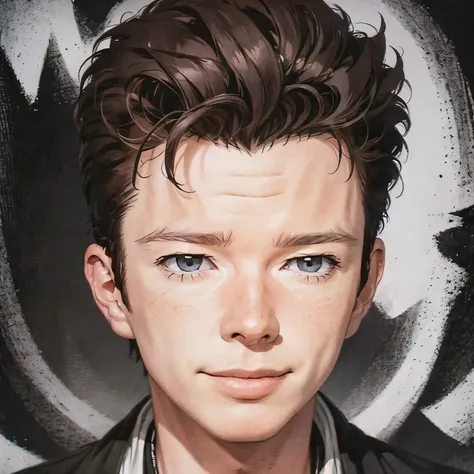 A close-up portrait of rick astley, manga style, black and white drawing