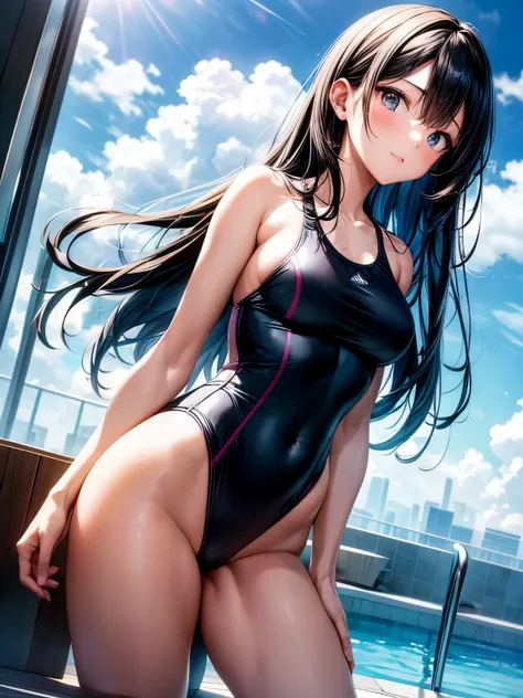 highest quality、Nice sexy body、One Woman、(solo)、((Beautiful busty woman:1.4))、(Woman with black hair:1.3)、Long hair woman、Woman with straight hair、(A woman wearing a blue one-piece school swimsuit:1.3)、Rooftop pool of a luxury hotel、Singapore