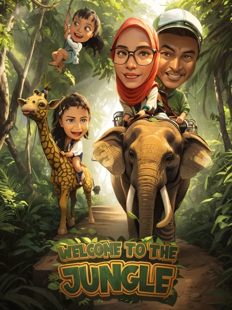 a cartoon picture of a Muslim family riding an elephant in the jungle, father mother with two daughters, the face does not change at all, the jungle in the background, in a jungle forest!!!, jungles in the background, in the jungle, official poster, animat...