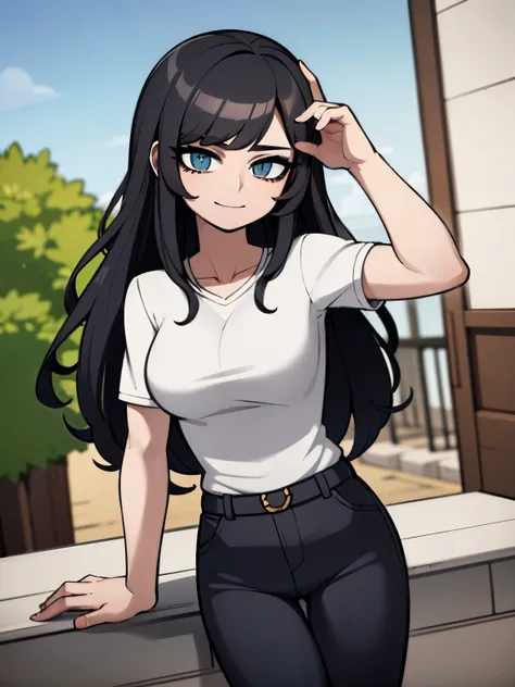 ((obra maestra, mejor calidad)), (1 mujer adulta)  (cuerpo maduro), (solo), (enfoque femenino), (black hair, long black hair) (slightly wavy hair) (No cabello rubio) (curtain bangs with wavy hair), (Blue sky eyes) (celeste) (blue sky sweater and black pant...