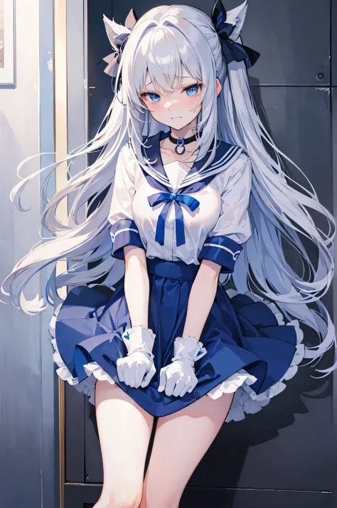 (8K, highest quality, masterpiece:1.2),(Blue colored eyes),((Clothing Details)),High-definition CG Unity 8K, concentrated, Realistic, Shadow, Soft lighting, Gray Hair, Flutter Hair, nice, A gentle smile, Sailor suit,　Blue Skirt、Long sleeve, ribbon, gloves,...