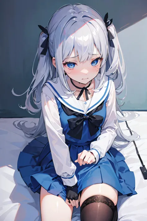 (8K, highest quality, masterpiece:1.2),(Blue colored eyes),((Clothing Details)),High-definition CG Unity 8K, concentrated, Realistic, Shadow, Soft lighting, Gray Hair, Flutter Hair, nice, A gentle smile, Sailor suit,　Blue Skirt、Long sleeve, ribbon, gloves,...