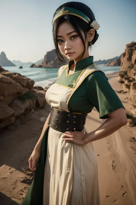 toph beifong from avatar, ((toph beigong)), earthbender clothes, earth tribe clothes, toph clothes, large breasts and wide hips,...