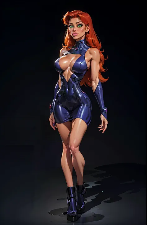 full body, standing on her feet, futuristic background, sexy appearance, starfire, red hair, ((orange skin)), makeup, (purple suit), mascara, long hair, beautiful eyes, large iris, ((green eyes)), Lips are soft or colored, simple black background, simple c...