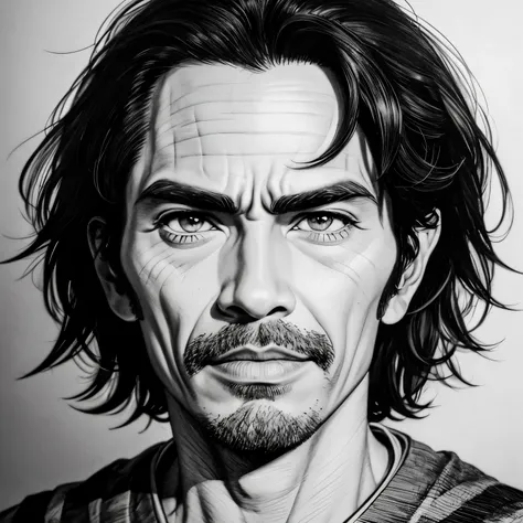 A close-up portrait of seu madruga, manga style, black and white drawing